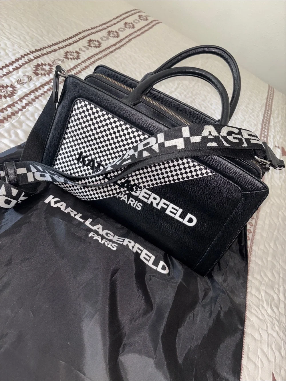 Karl Lagerfeld Black & White Checker Logo Satchel with Branded Strap